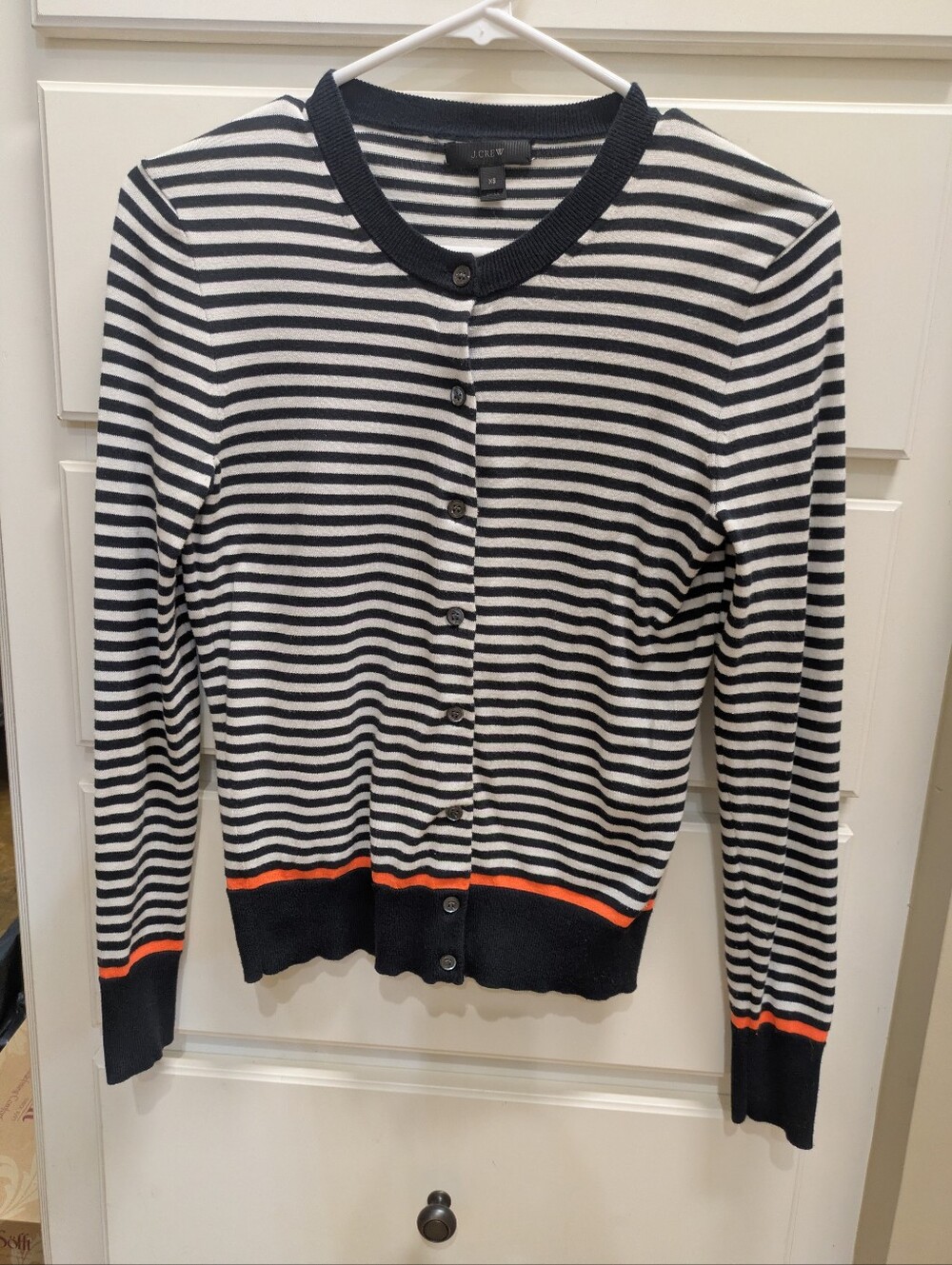 J. Crew Navy and White Striped Button-Front Cardigan with Orange Trim